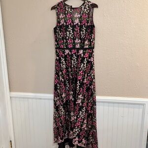 Tahari Arthur S Levine Black Pink Elegant Embroidered Floral Maxi Dress SZ 10 |M